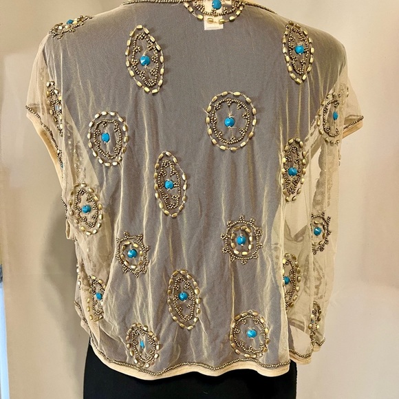 Chico's Beige and Turquoise Embellished Sheer Cardigan Jacket Turquoise stones - Picture 4 of 4